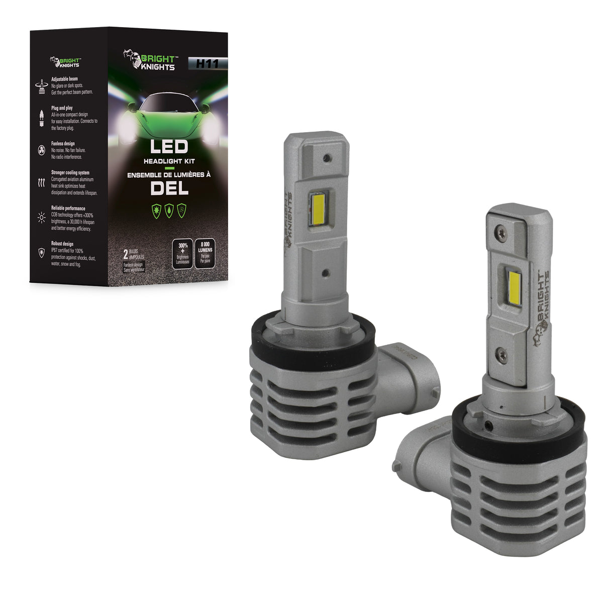 Bright Knights H11 LED Headlight Pair Fanless 8000 Lumens 6500K