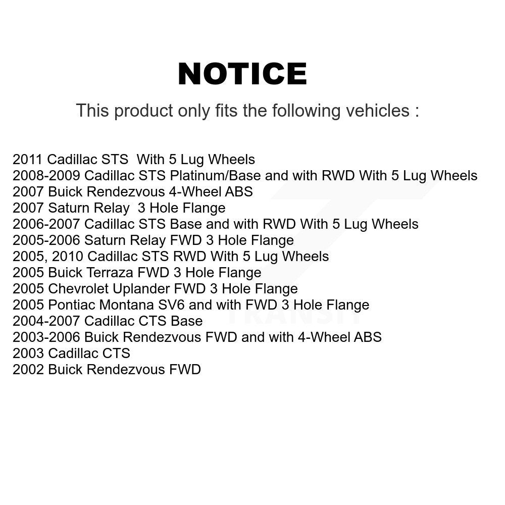 Ensemble de moyeu de roulement de roue pour Buick Cadillac rendez-vous CTS Pontiac Montana ST