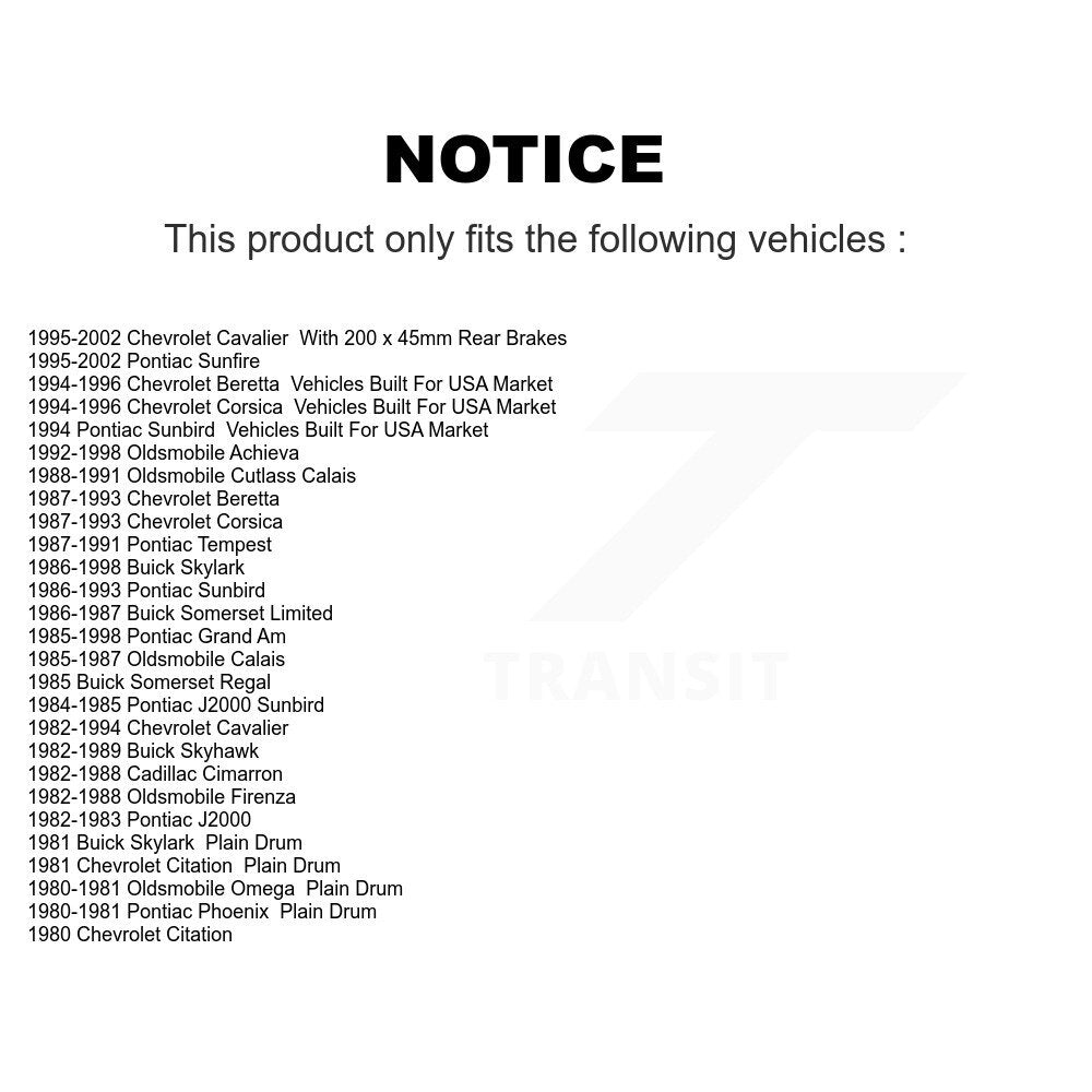 Tambour de frein arrière (1 pièce seulement) pour Chevrolet Cavalier Pontiac Sunfire Grand Am