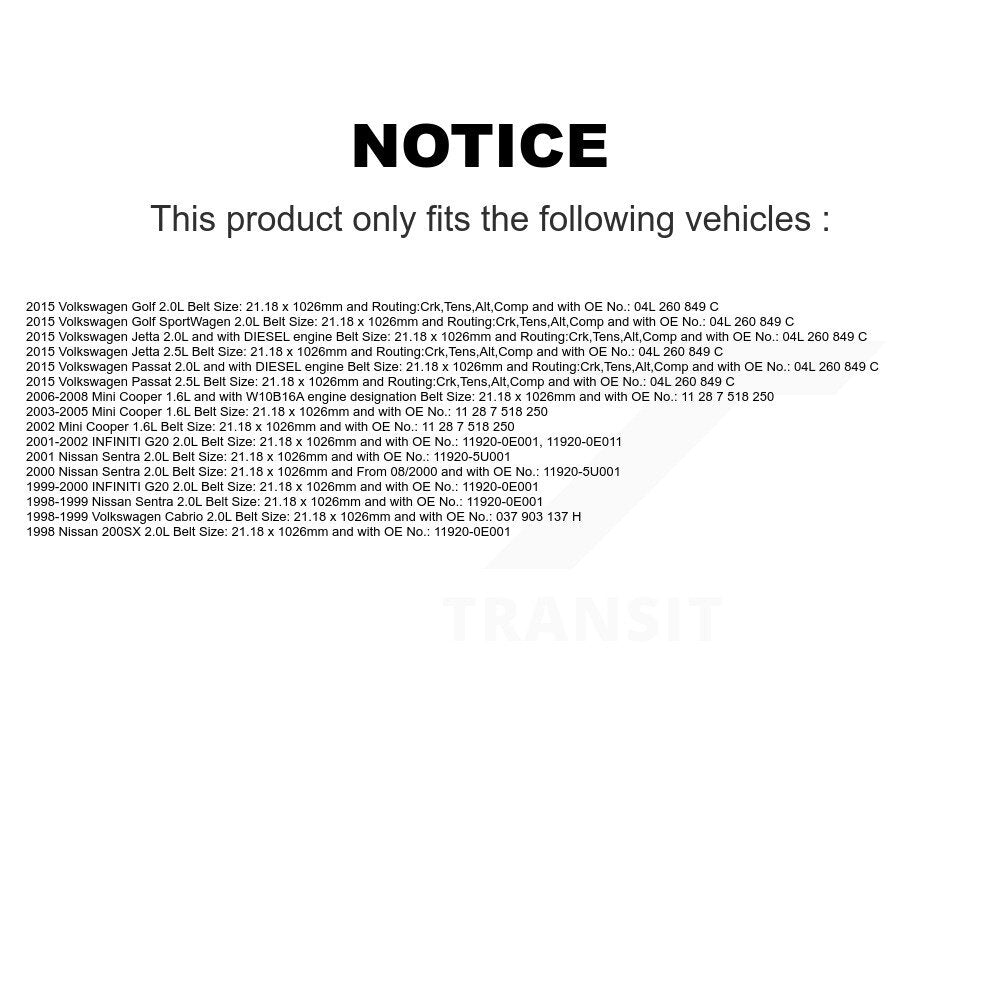 Courroie d'entraînement accessoire d'alternateur pour Volkswagen Jetta Golf Mini Cooper Passat G2