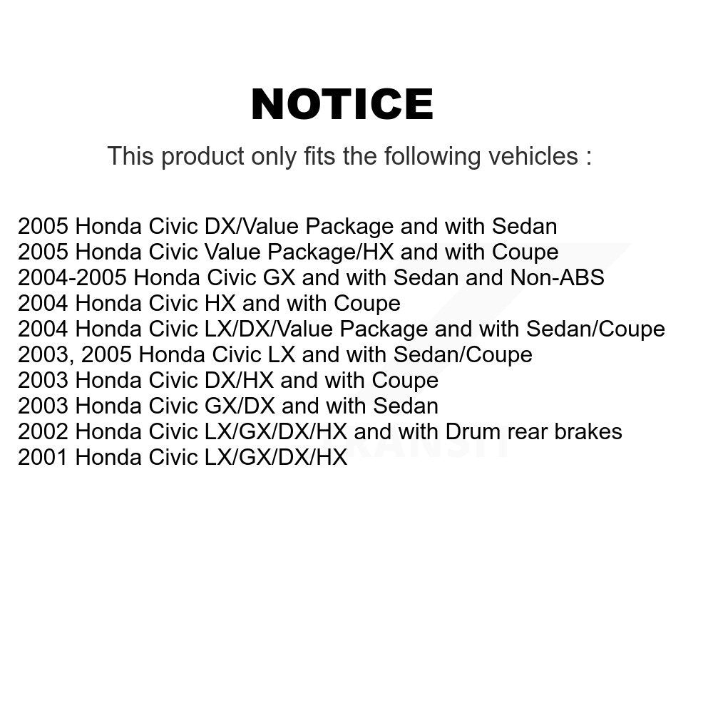 Kit de roulements de moyeu pour cylindres de roue arrière et chaussures de tambour revêtues (7 pièces) pour Honda Civic