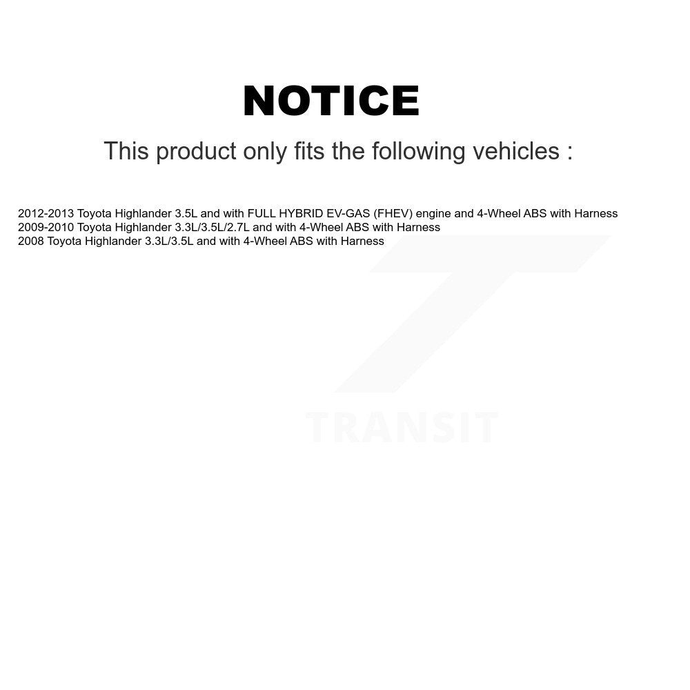 Kit de roulement de roue avant et capteur ABS pour Toyota Highlander avec harnais