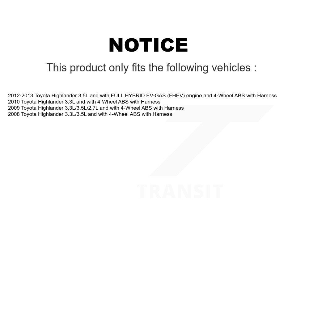 Kit de roulement de roue avant et capteur ABS pour Toyota Highlander avec harnais