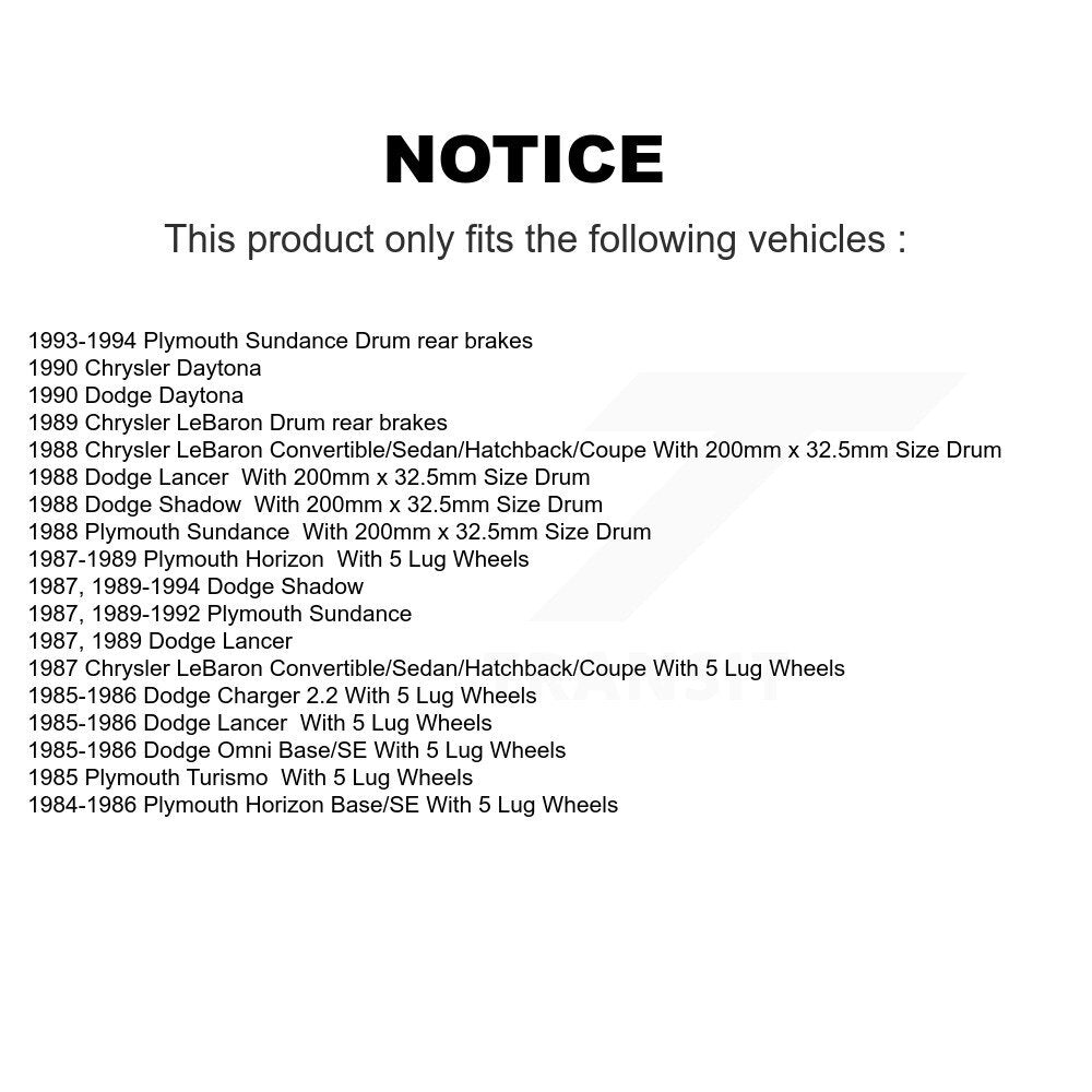 Kit de cylindre de ressort de chaussures de tambour de frein arrière pour Dodge Chrysler LeBaron Shadow Omn