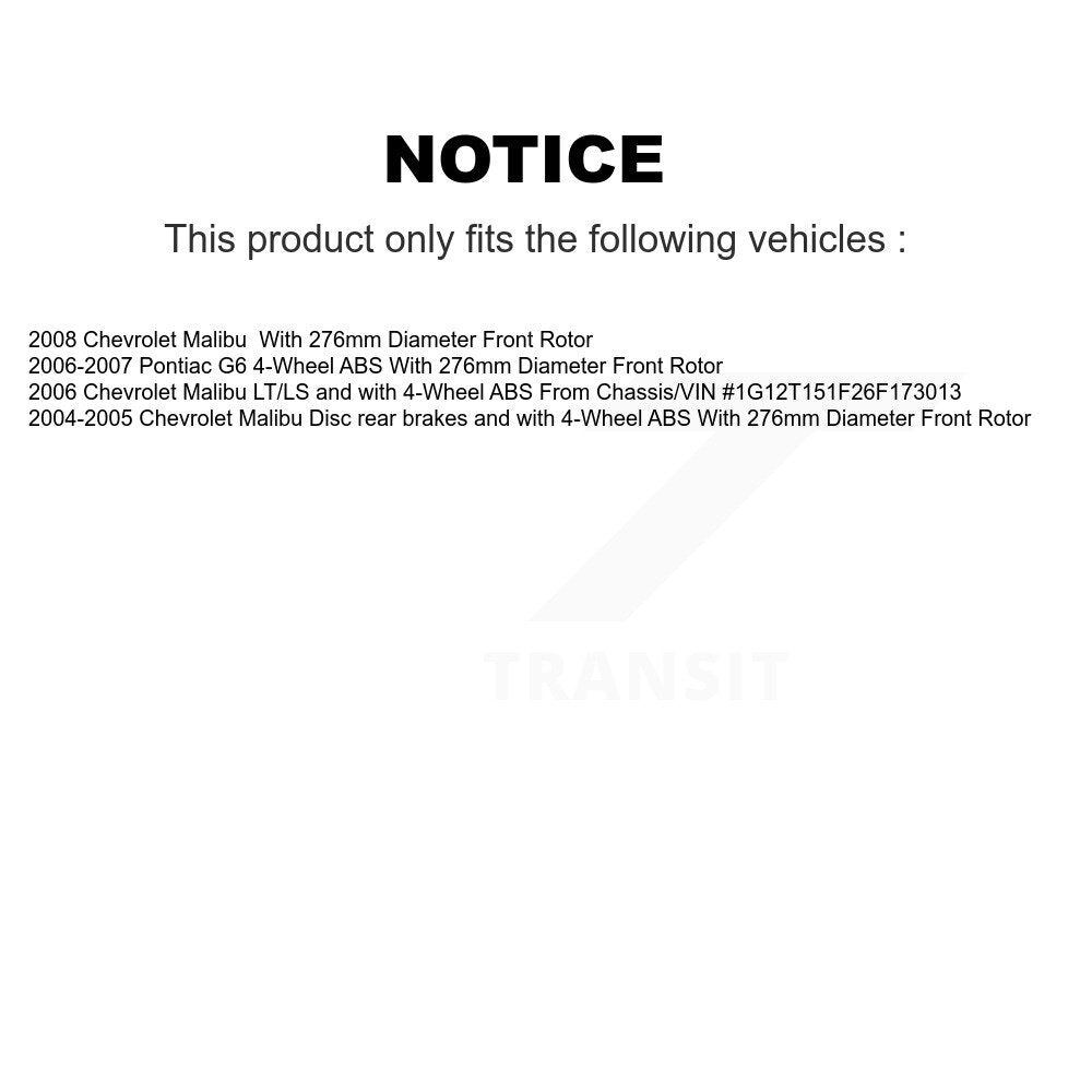 Ensemble de roulement de moyeu avant, Rotor de frein et Kit de plaquettes pour Chevrolet Malibu Pontiac G