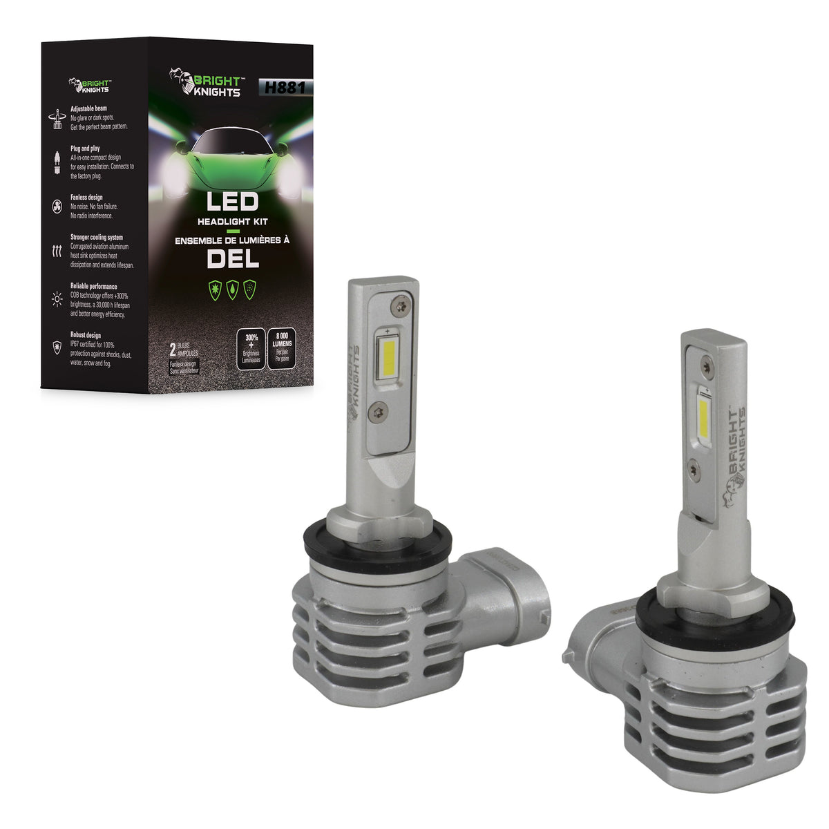 Chevaliers lumineux H881 paire de phares LED Fanless 8000 Lumens 6500K pour Hyundai Kia