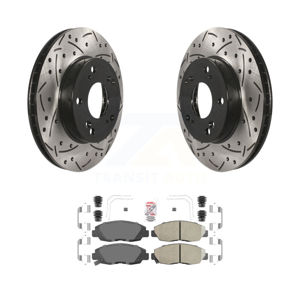 Rotors de frein à disque fendus percés à revêtement avant et Kit de plaquettes en céramique pour Honda Civi