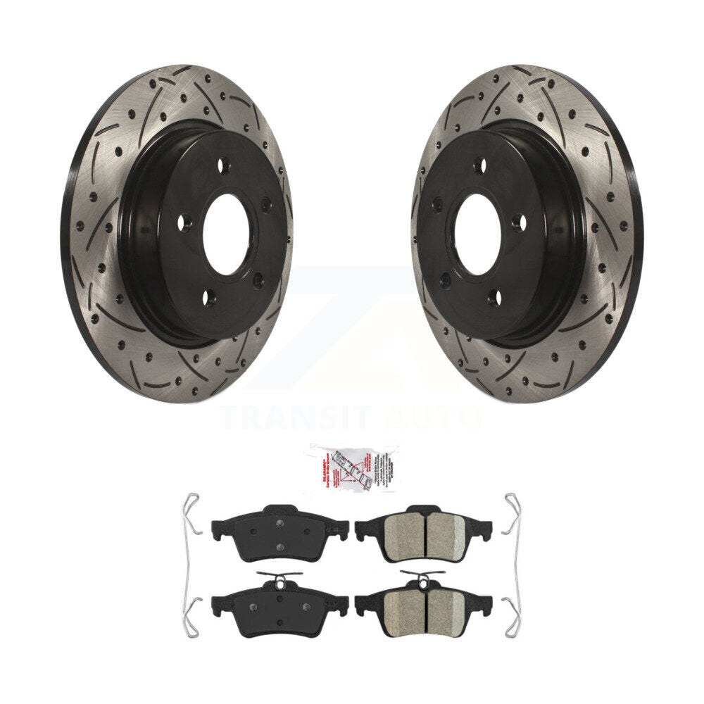 Rotors de frein à disque fendus percés à revêtement arrière et kit de plaquettes en céramique pour Ford Focu