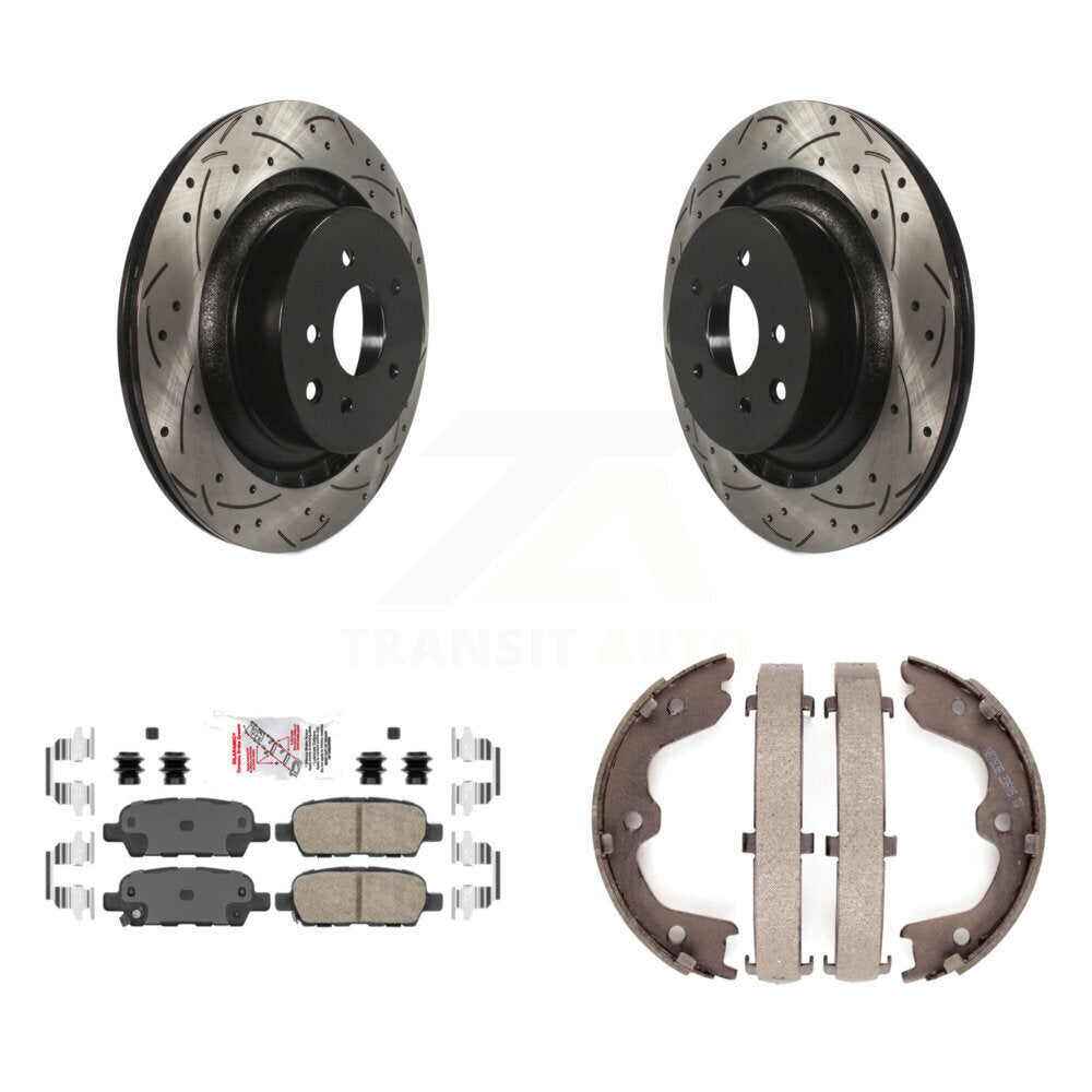 Disque arrière, rotors percés et fendus, plaquettes en céramique et Kit de mâchoires de frein de stationnement pour