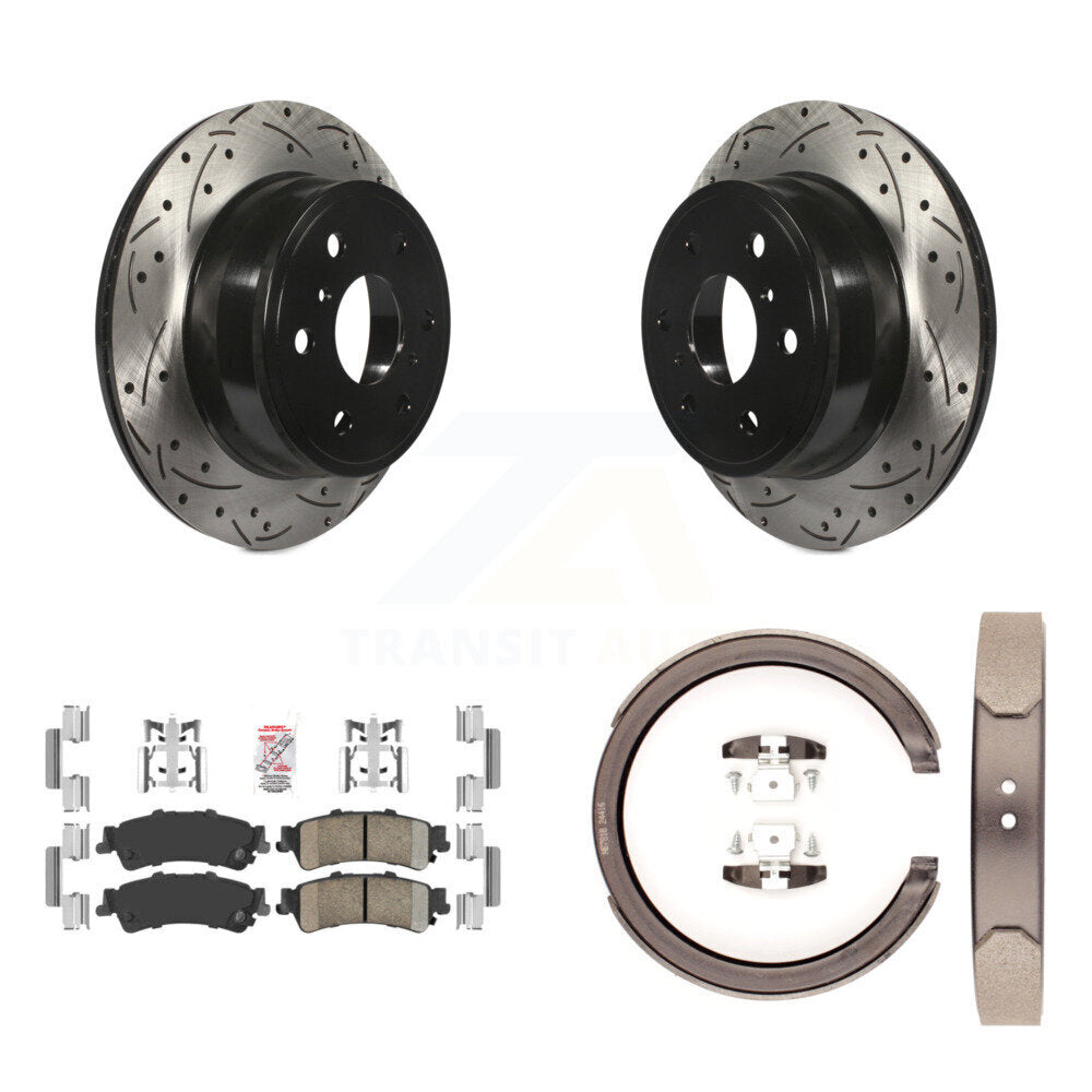 Disque arrière, rotors percés et fendus, plaquettes en céramique et Kit de mâchoires de frein de stationnement pour