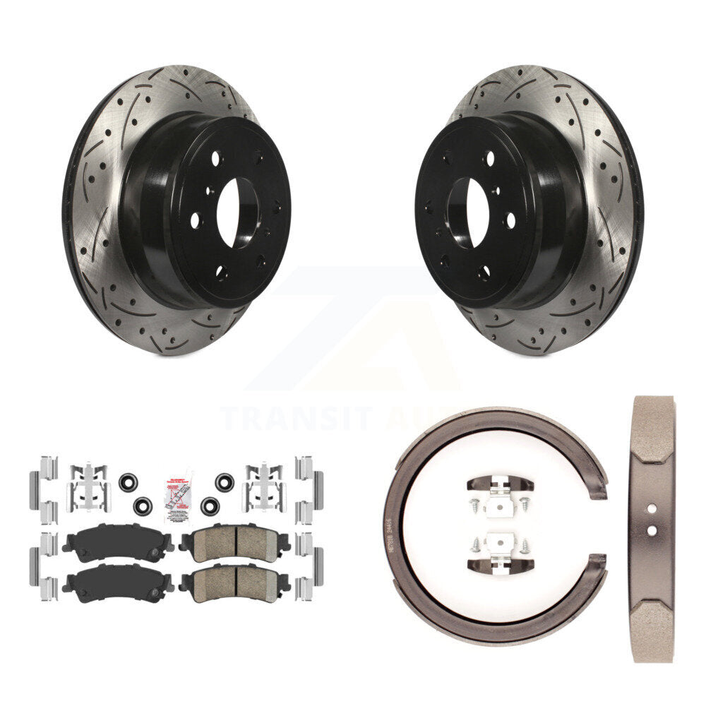 Disque arrière, rotors percés et fendus, plaquettes en céramique et Kit de mâchoires de frein de stationnement pour
