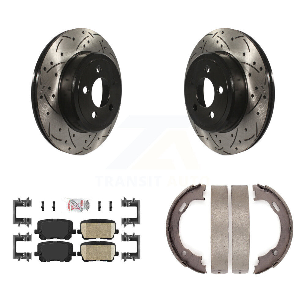 Disque arrière, rotors percés et fendus, plaquettes en céramique et Kit de mâchoires de frein de stationnement pour