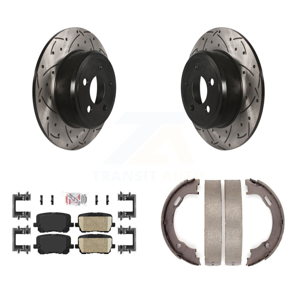 Disque arrière, rotors percés et fendus, plaquettes en céramique et Kit de mâchoires de frein de stationnement pour