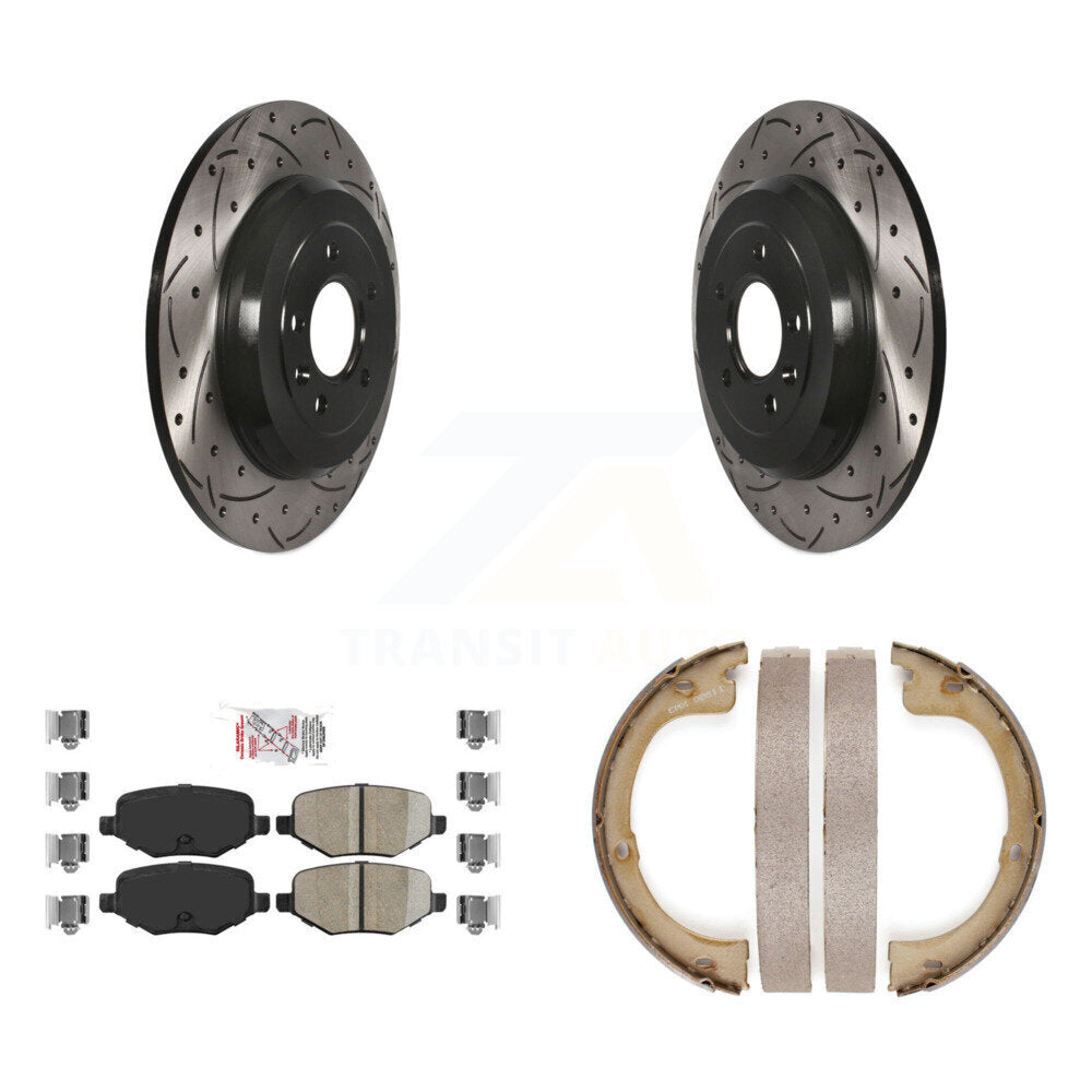 Disque arrière, rotors percés et fendus, plaquettes en céramique et Kit de mâchoires de frein de stationnement pour