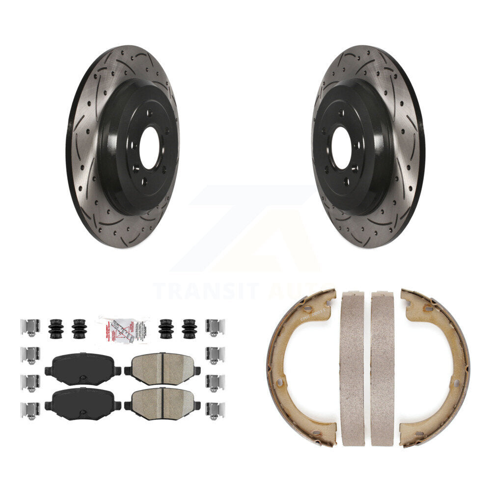 Disque arrière, rotors percés et fendus, plaquettes en céramique et Kit de mâchoires de frein de stationnement pour