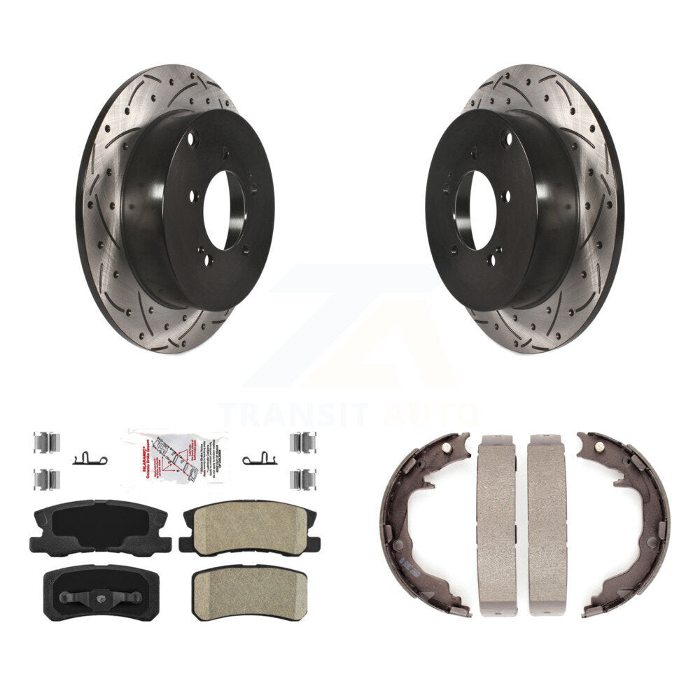 Disque arrière, rotors percés et fendus, plaquettes en céramique et Kit de mâchoires de frein de stationnement pour