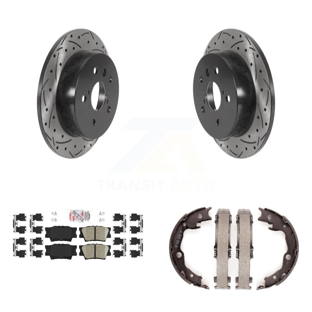 Disque arrière, rotors percés et fendus, plaquettes en céramique et Kit de mâchoires de frein de stationnement pour