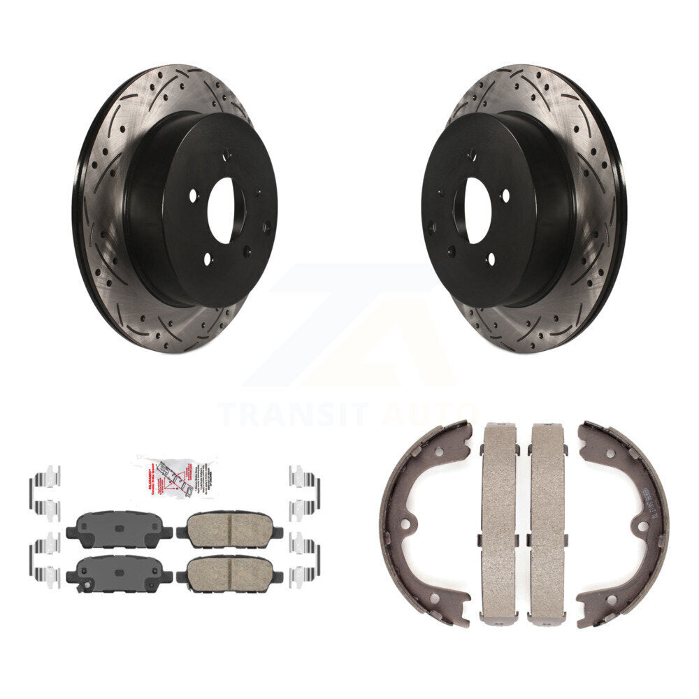 Disque arrière, rotors percés et fendus, plaquettes en céramique et Kit de mâchoires de frein de stationnement pour