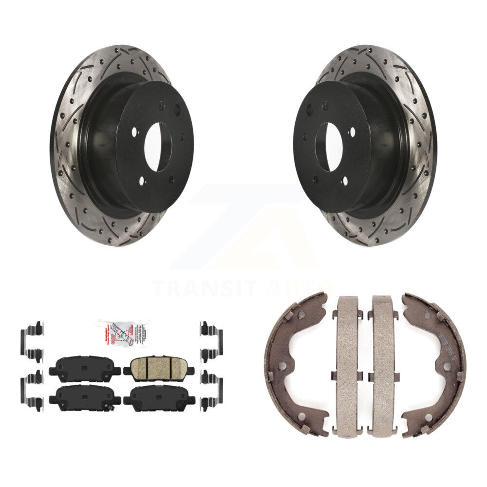 Disque arrière, rotors percés et fendus, plaquettes en céramique et Kit de mâchoires de frein de stationnement pour