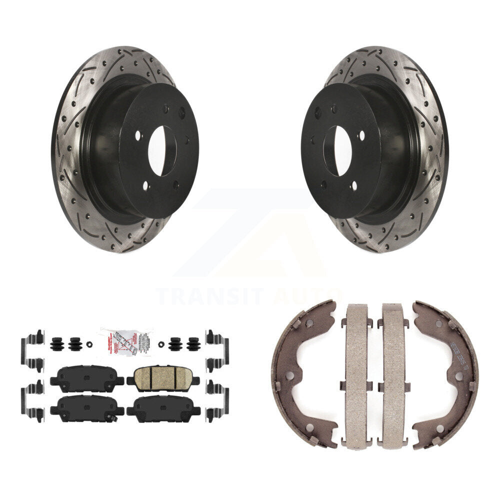 Disque arrière, rotors percés et fendus, plaquettes en céramique et Kit de mâchoires de frein de stationnement pour