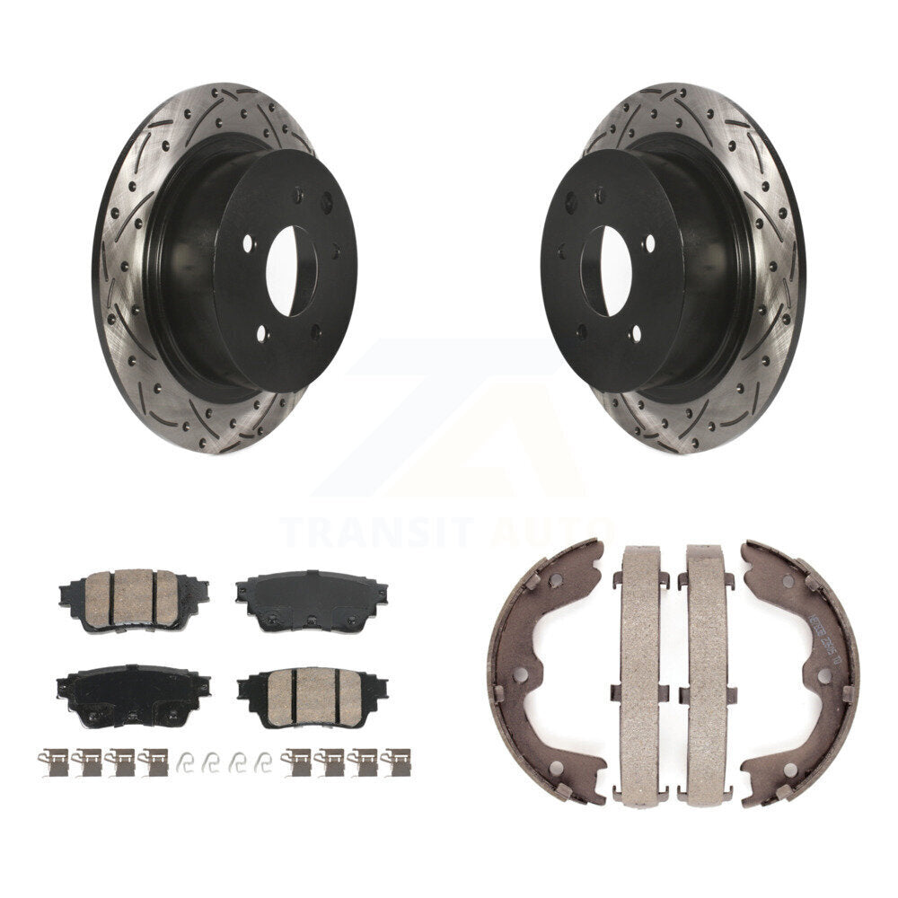 Disque arrière, rotors percés et fendus, plaquettes en céramique et Kit de mâchoires de frein de stationnement pour