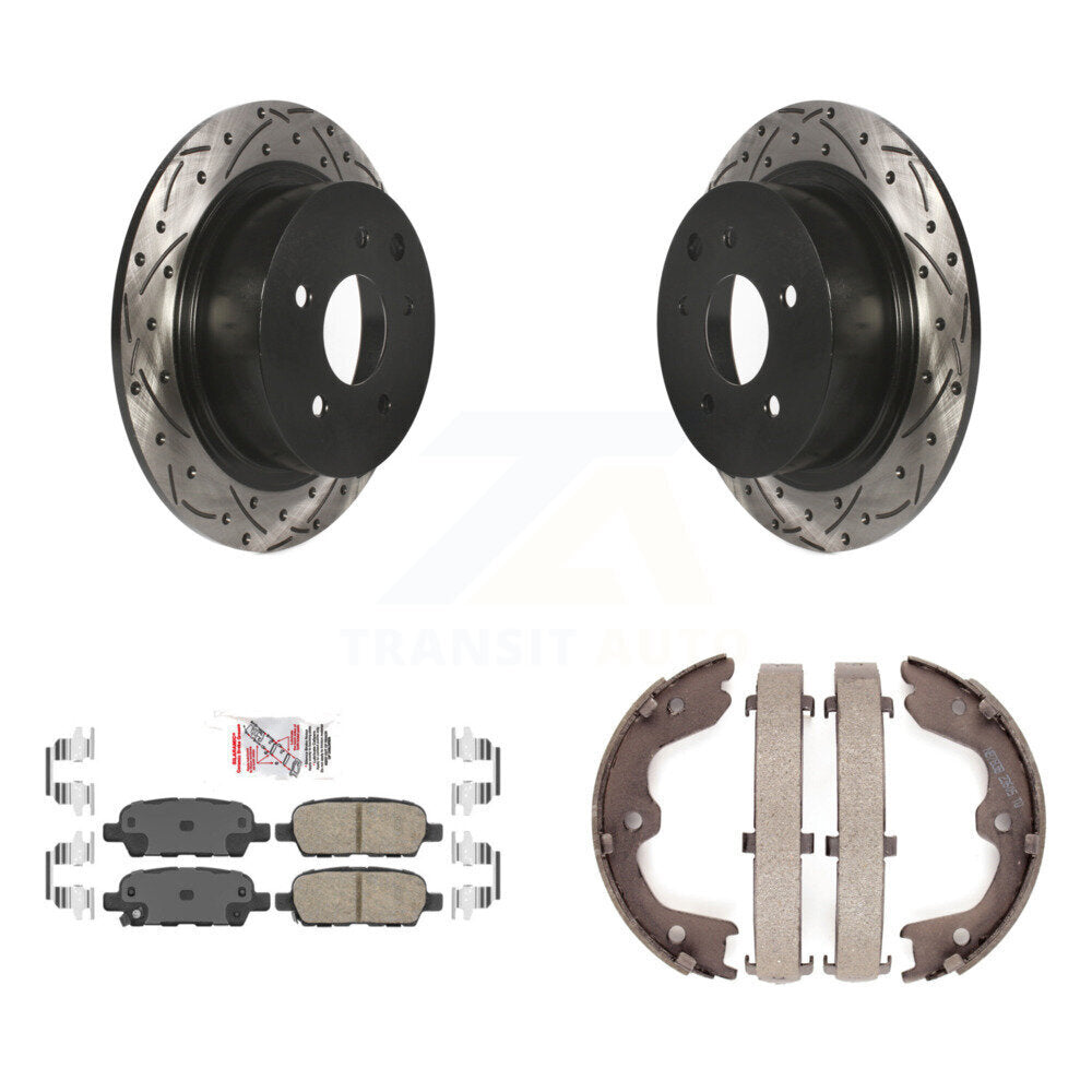 Disque arrière, rotors percés et fendus, plaquettes en céramique et Kit de mâchoires de frein de stationnement pour