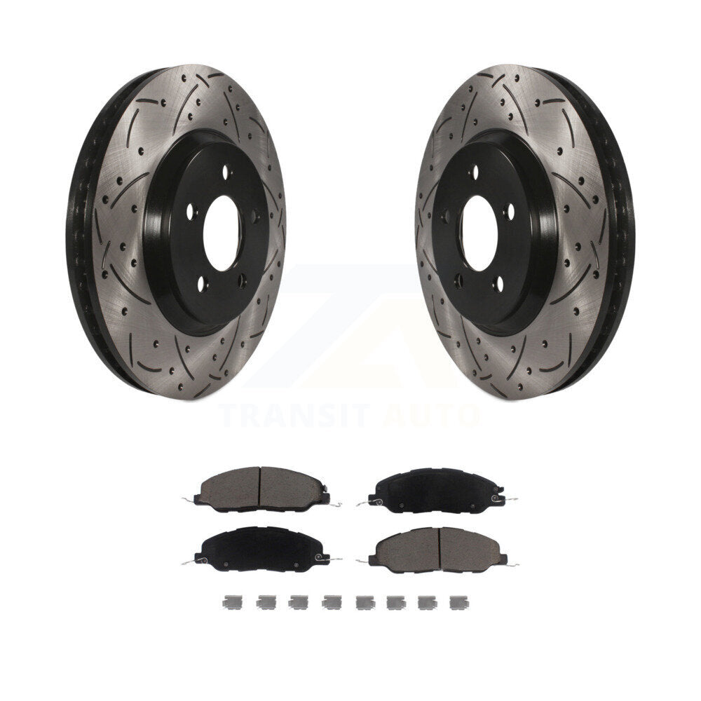 Rotor de frein à disque fendu percé à revêtement avant et Kit de plaquettes en céramique pour Ford Mustang