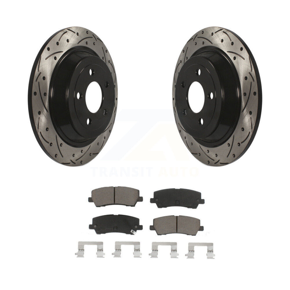 Rotors de frein à disque fendus percés à revêtement arrière et Kit de plaquettes en céramique pour Ford Mustang