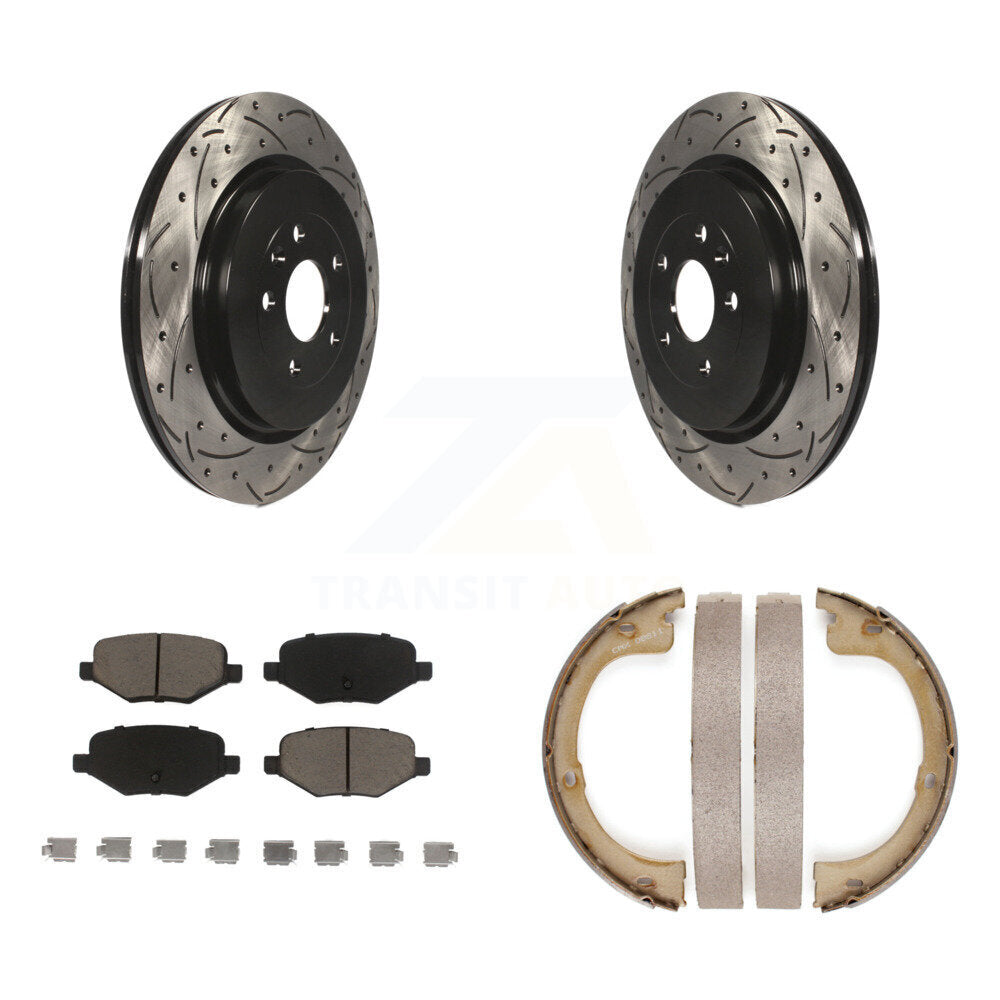 Disque arrière, rotors percés et fendus, plaquettes en céramique et Kit de mâchoires de frein de stationnement pour