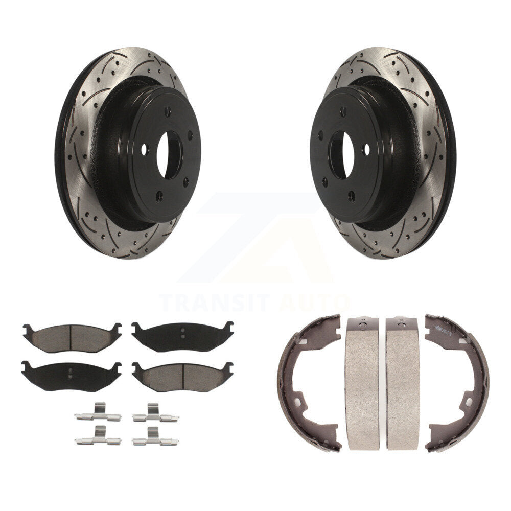 Disque arrière, rotors percés et fendus, plaquettes en céramique et Kit de mâchoires de frein de stationnement pour
