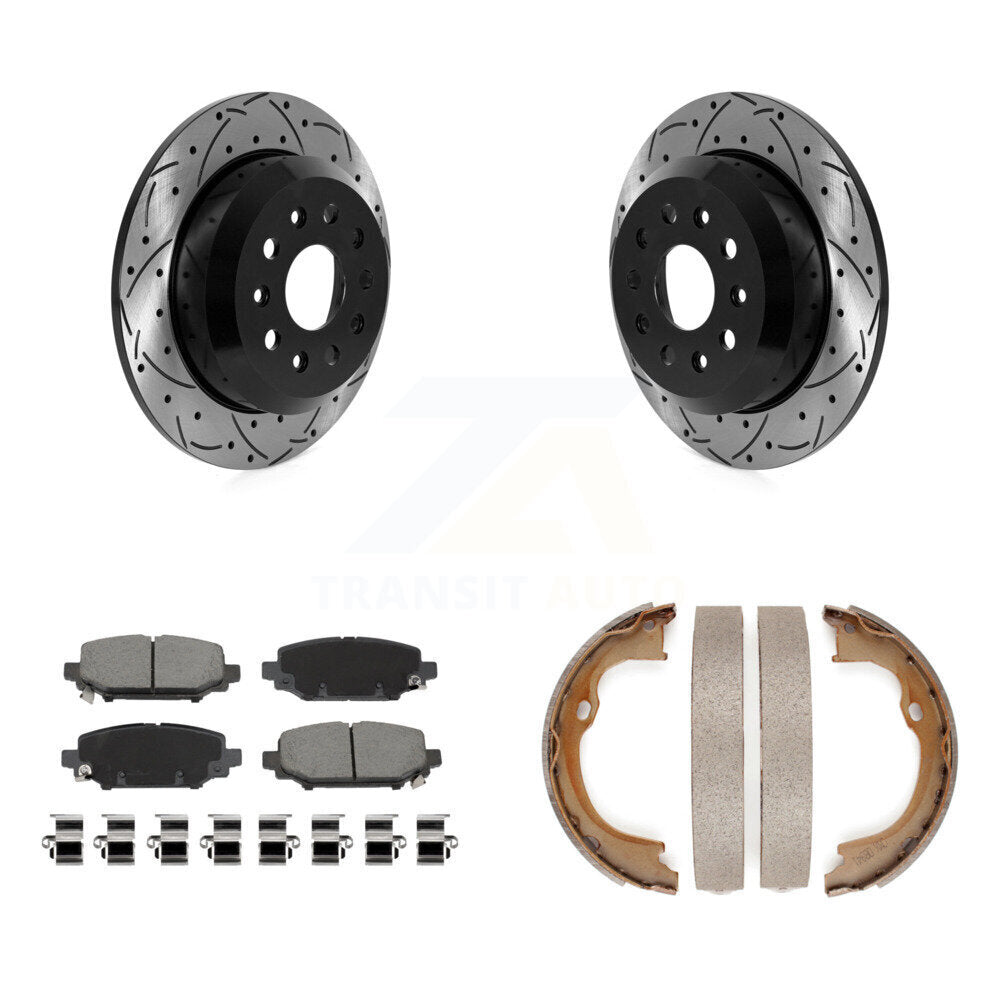 Disque arrière, rotors percés et fendus, plaquettes en céramique et Kit de mâchoires de frein de stationnement pour