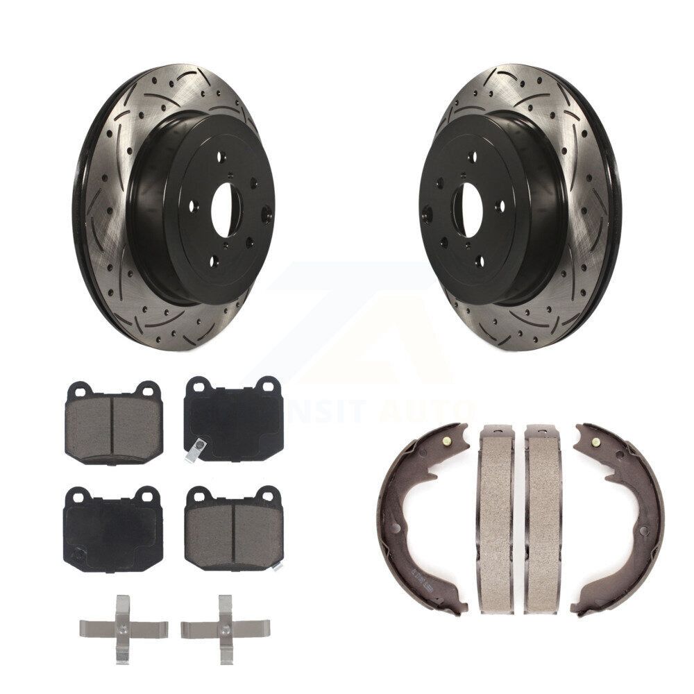 Disque arrière, rotors percés et fendus, plaquettes en céramique et Kit de mâchoires de frein de stationnement pour