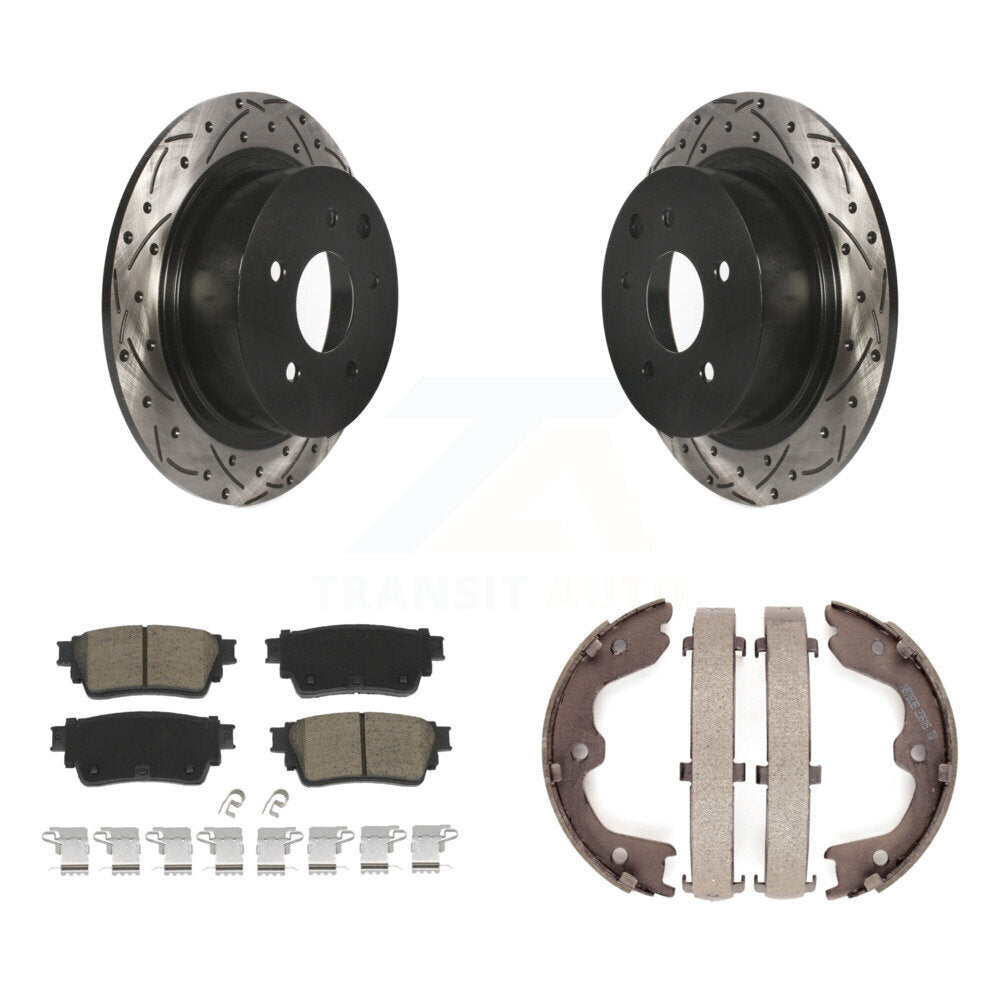 Disque arrière, rotors percés et fendus, plaquettes en céramique et Kit de mâchoires de frein de stationnement pour