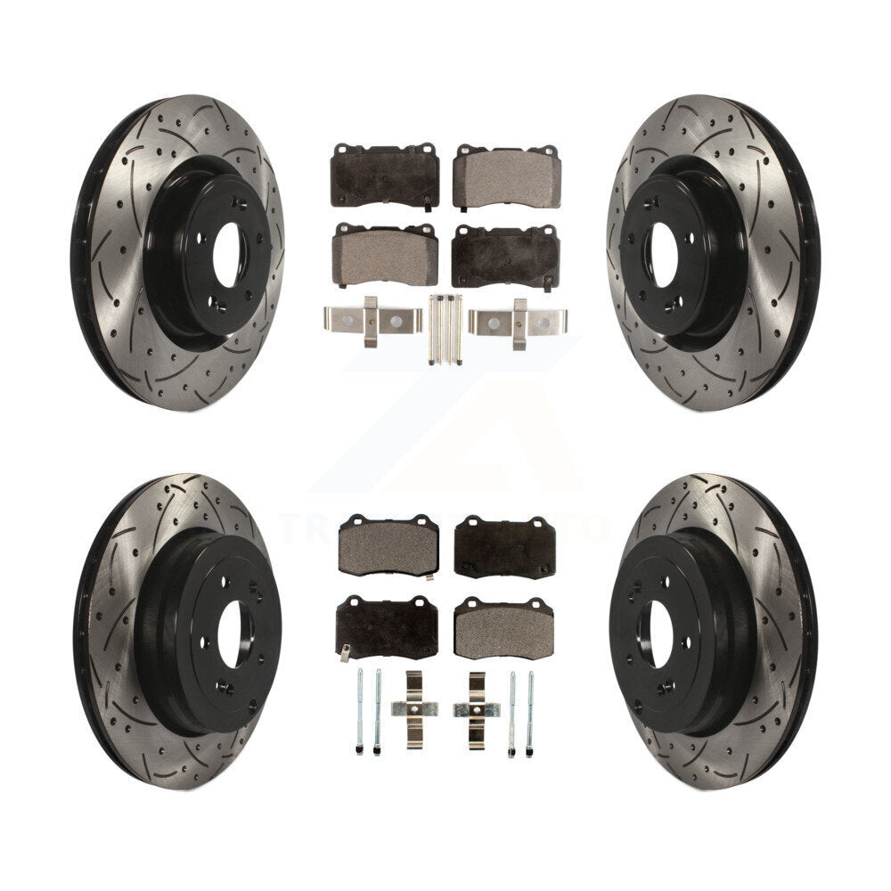Rotor de frein à disque fendu percé à revêtement avant arrière et kit de plaquettes semi-métalliques pour