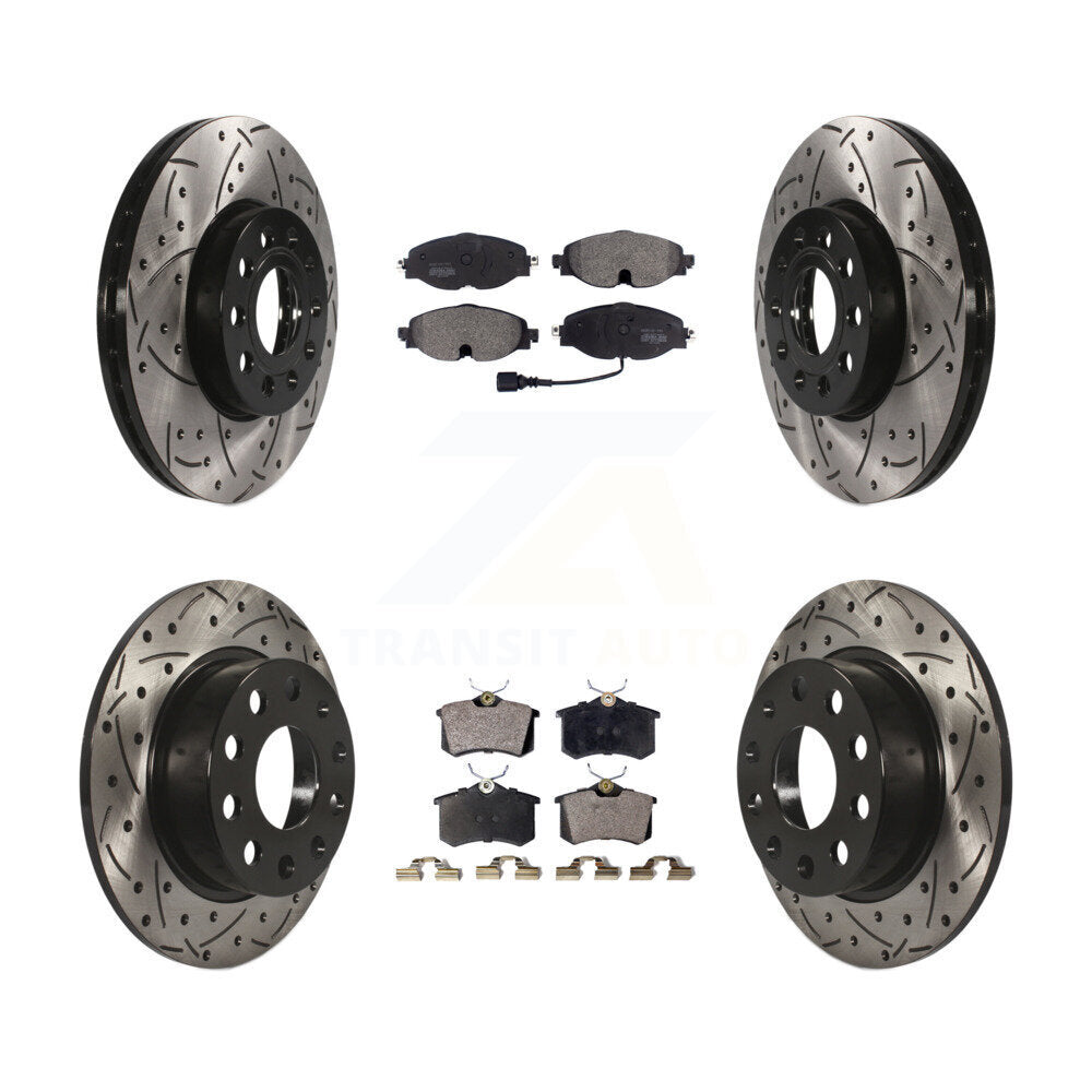 Rotor de frein à disque fendu percé à revêtement avant arrière et kit de plaquettes semi-métalliques pour