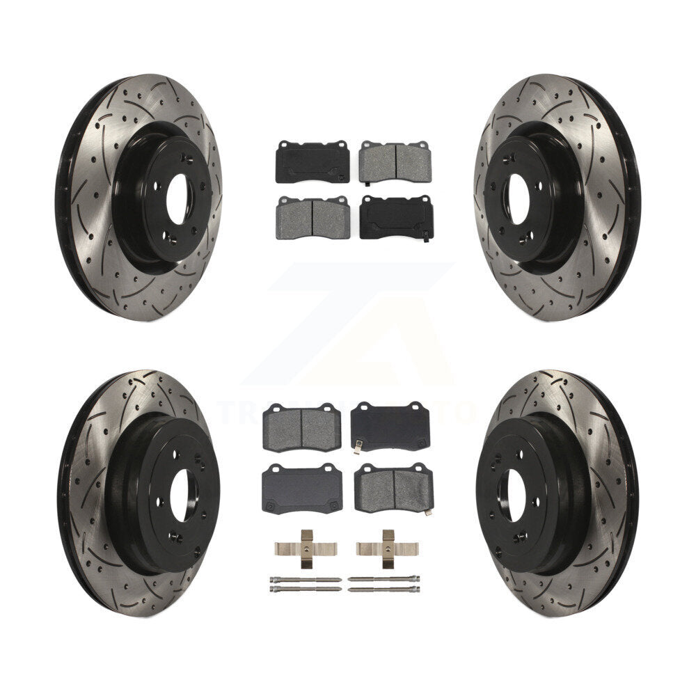 Rotor de frein à disque fendu percé à revêtement avant arrière et kit de plaquettes semi-métalliques pour