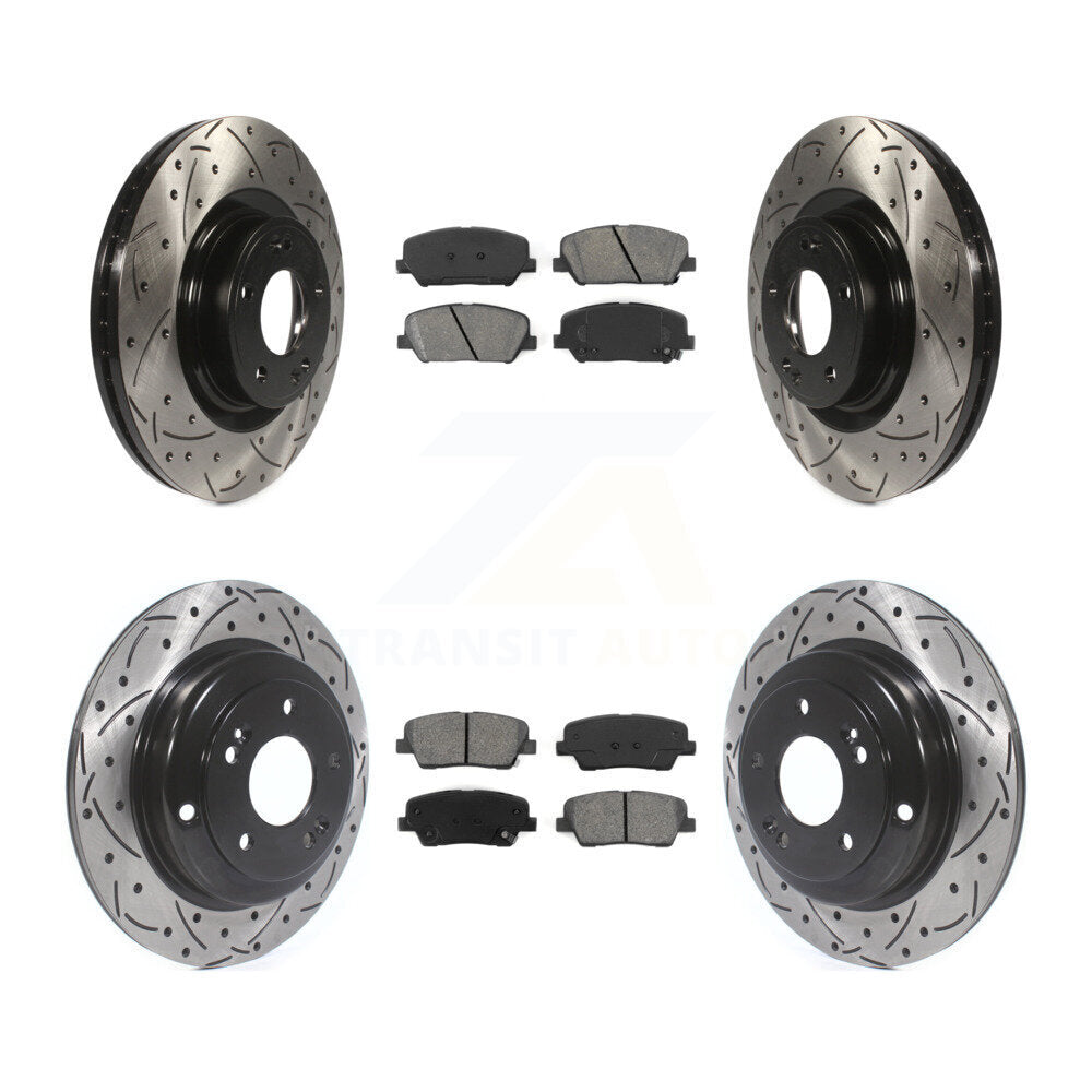 Rotor de frein à disque fendu percé à revêtement avant arrière et kit de plaquettes semi-métalliques pour