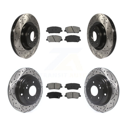 Rotor de frein à disque fendu percé à revêtement avant arrière et kit de plaquettes semi-métalliques pour
