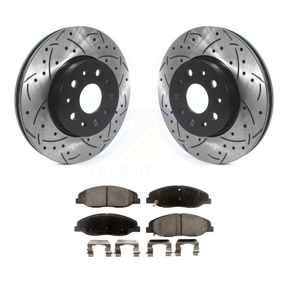 Rotor de frein à disque fendu percé à revêtement avant et Kit de plaquettes en céramique pour Cadillac CT
