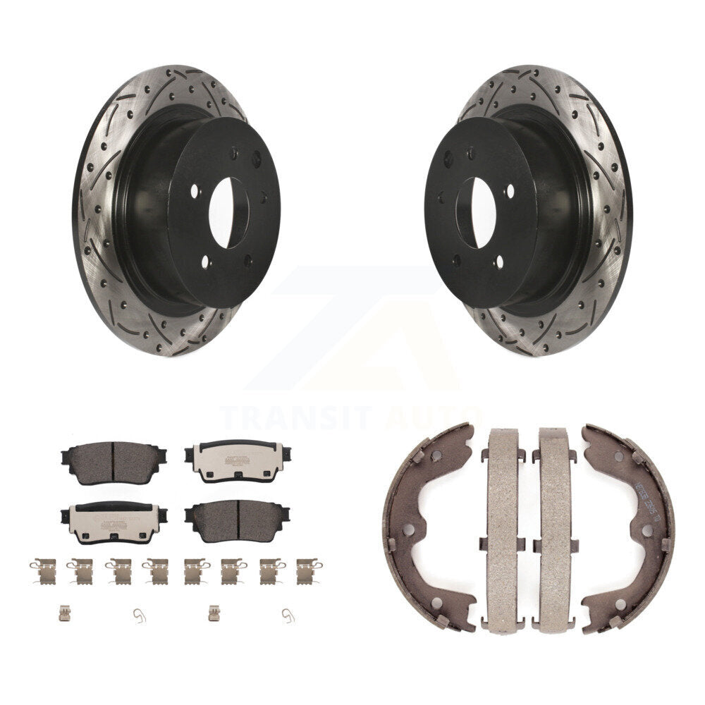 Disque arrière, rotors percés et fendus, plaquettes en céramique et Kit de mâchoires de frein de stationnement pour