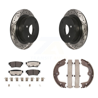 Disque arrière, rotors percés et fendus, plaquettes en céramique et Kit de mâchoires de frein de stationnement pour