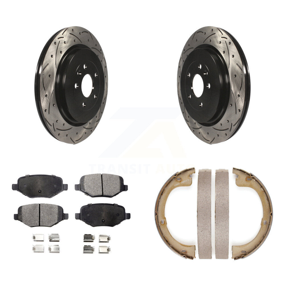 Disque arrière, rotors percés et fendus, plaquettes en céramique et Kit de mâchoires de frein de stationnement pour