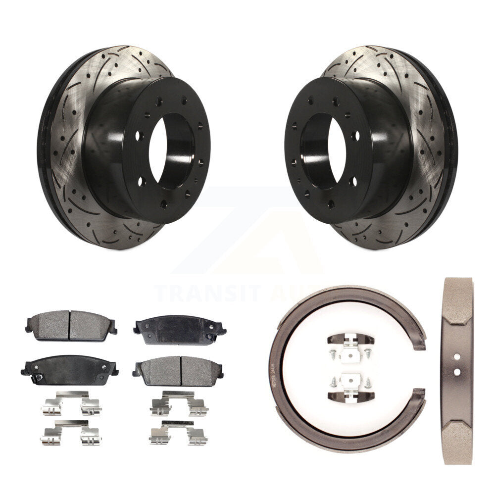 Disque arrière, rotors percés et fendus, plaquettes en céramique et Kit de mâchoires de frein de stationnement pour