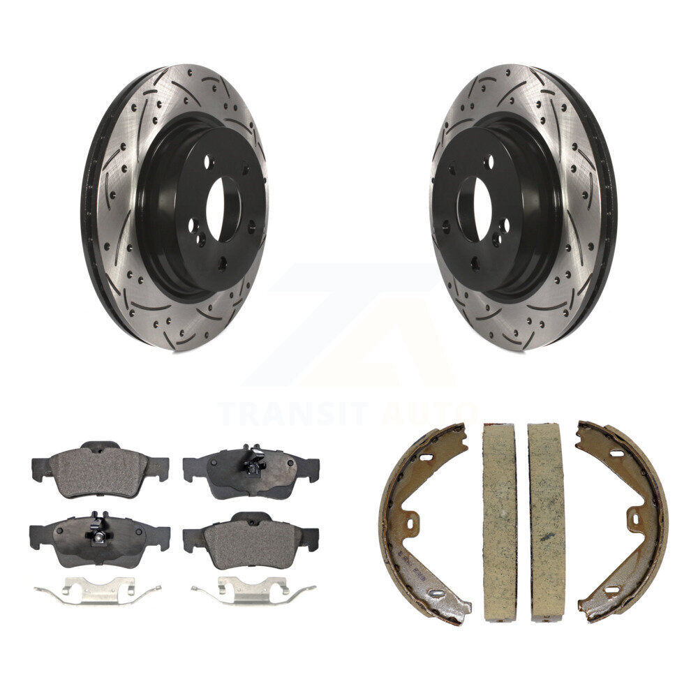 Disque arrière, rotors percés et fendus, plaquettes en céramique et Kit de mâchoires de frein de stationnement pour