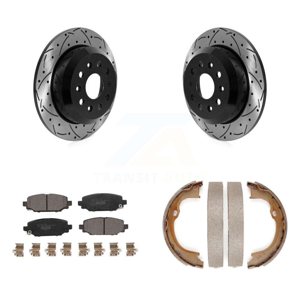 Disque arrière, rotors percés et fendus, plaquettes en céramique et Kit de mâchoires de frein de stationnement pour