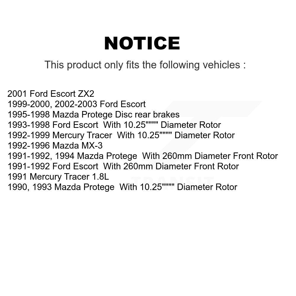 Rotor de frein à disque avant (1 pièce seulement) pour Ford Escort Mazda Protege MX-3 Mercur