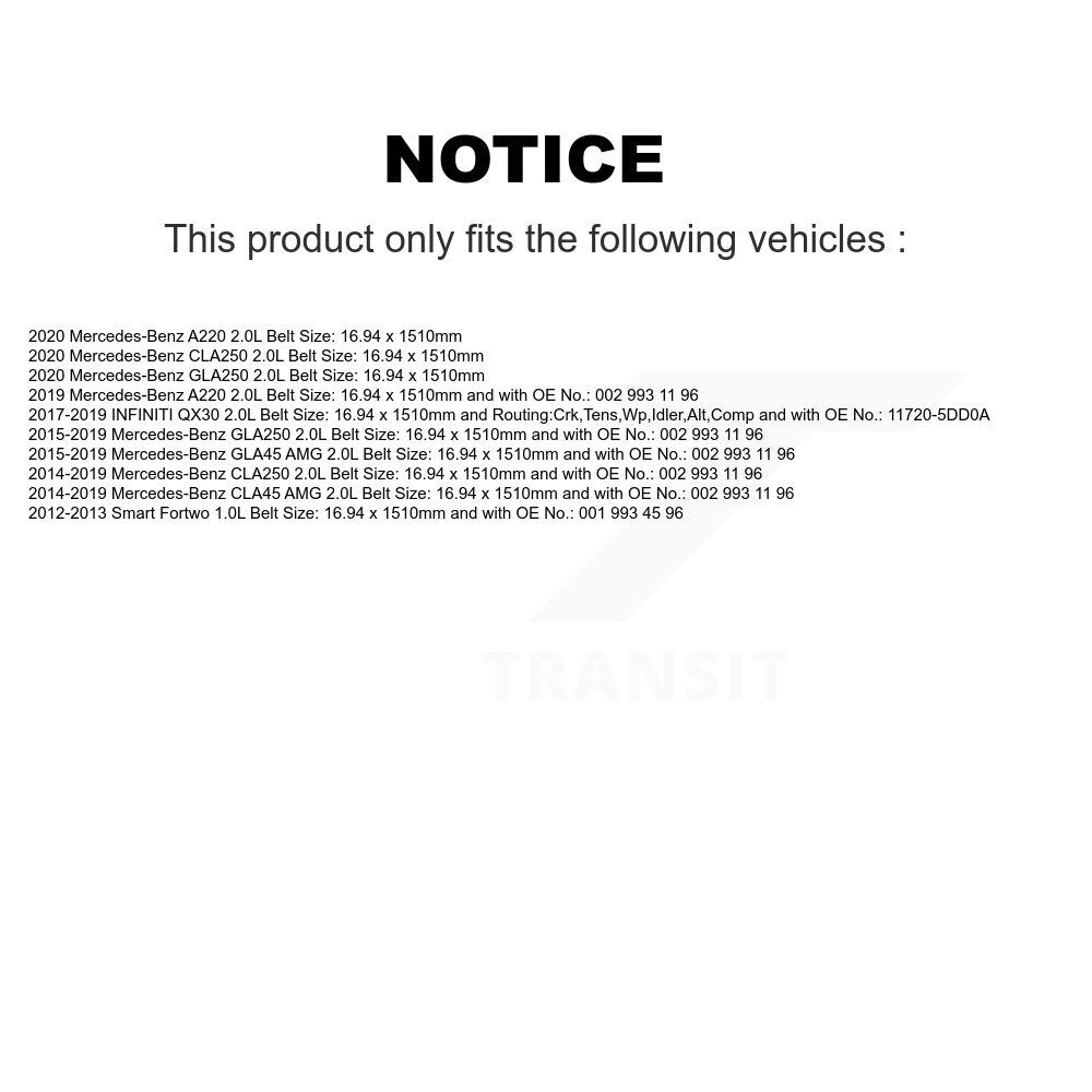Courroie d'entraînement accessoire pour Mercedes-Benz GLA250 CLA250 Smart Fortwo A220 INFINITI