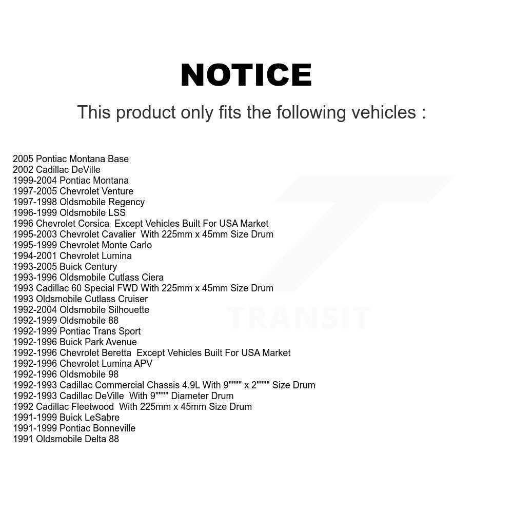 Sabot de frein à tambour arrière pour Chevrolet Cavalier Buick Pontiac Montana Century Lumin